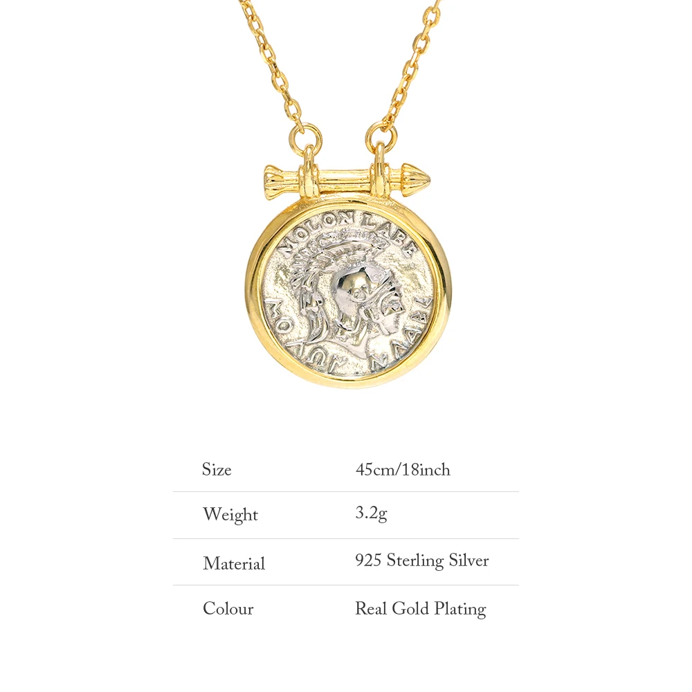 925 Sterling Silver Antique Round Coin Necklace 18K Gold Plated Chain Roman Empire Knight Pendant Vintage Fine Jewelry For Women