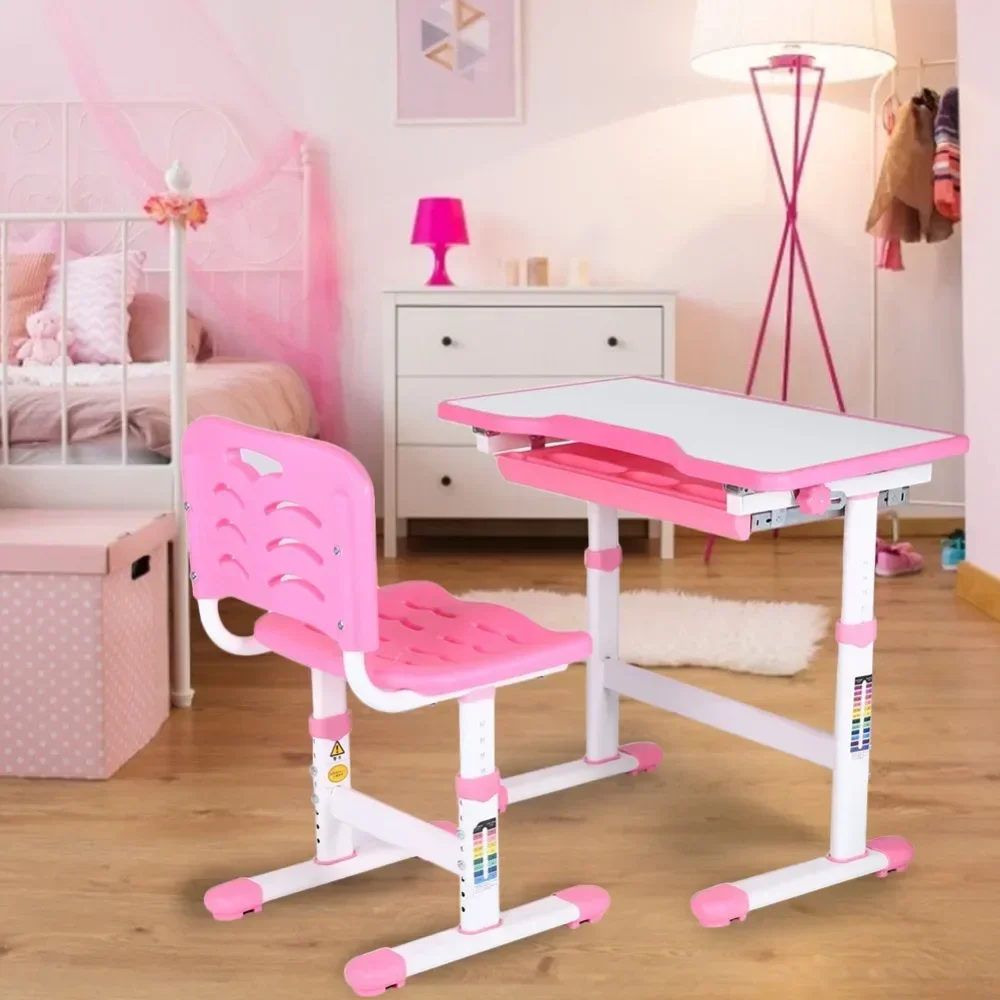 

Table Set, Adjustable Pull Out Drawer Kids Study Homework Desk Chair Children Activity Art Table Set(Pink), Table Set Kids