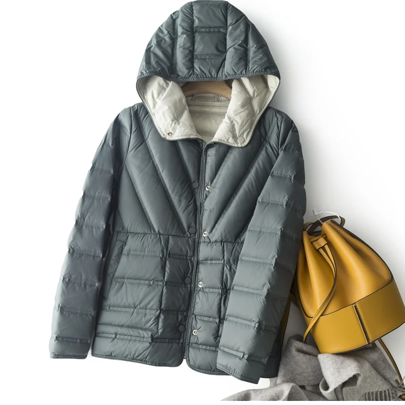 Two-Sided Winter New Warm Hooded Down Coat Women Light Thin White Duck Down Jacket Parkas Female Single Breasted Puffer Outwears