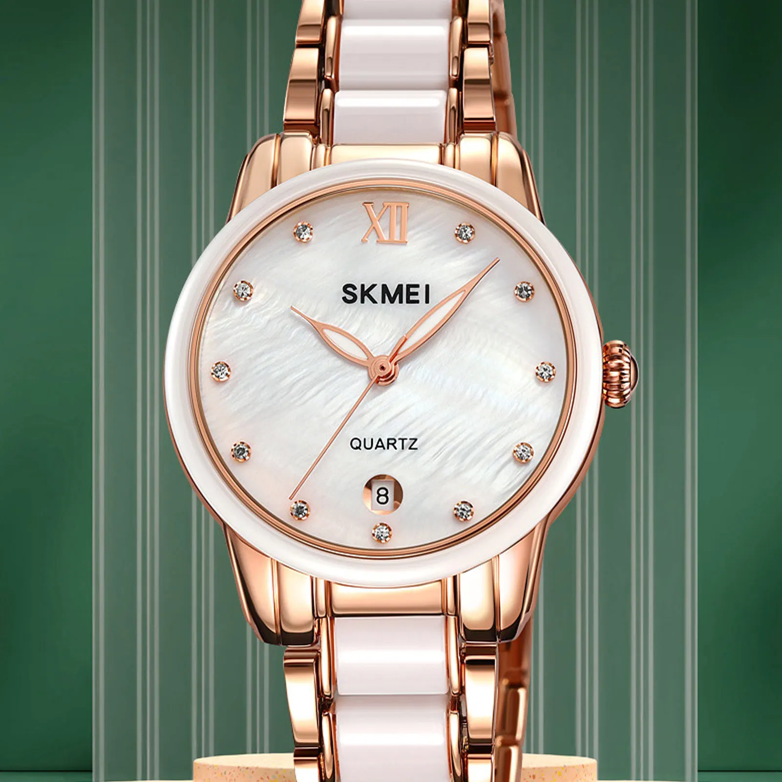 Relógio de quartzo feminino strass decoração cerâmica banda de aço inoxidável resistente à água relógio de pulso com data ouro rosa