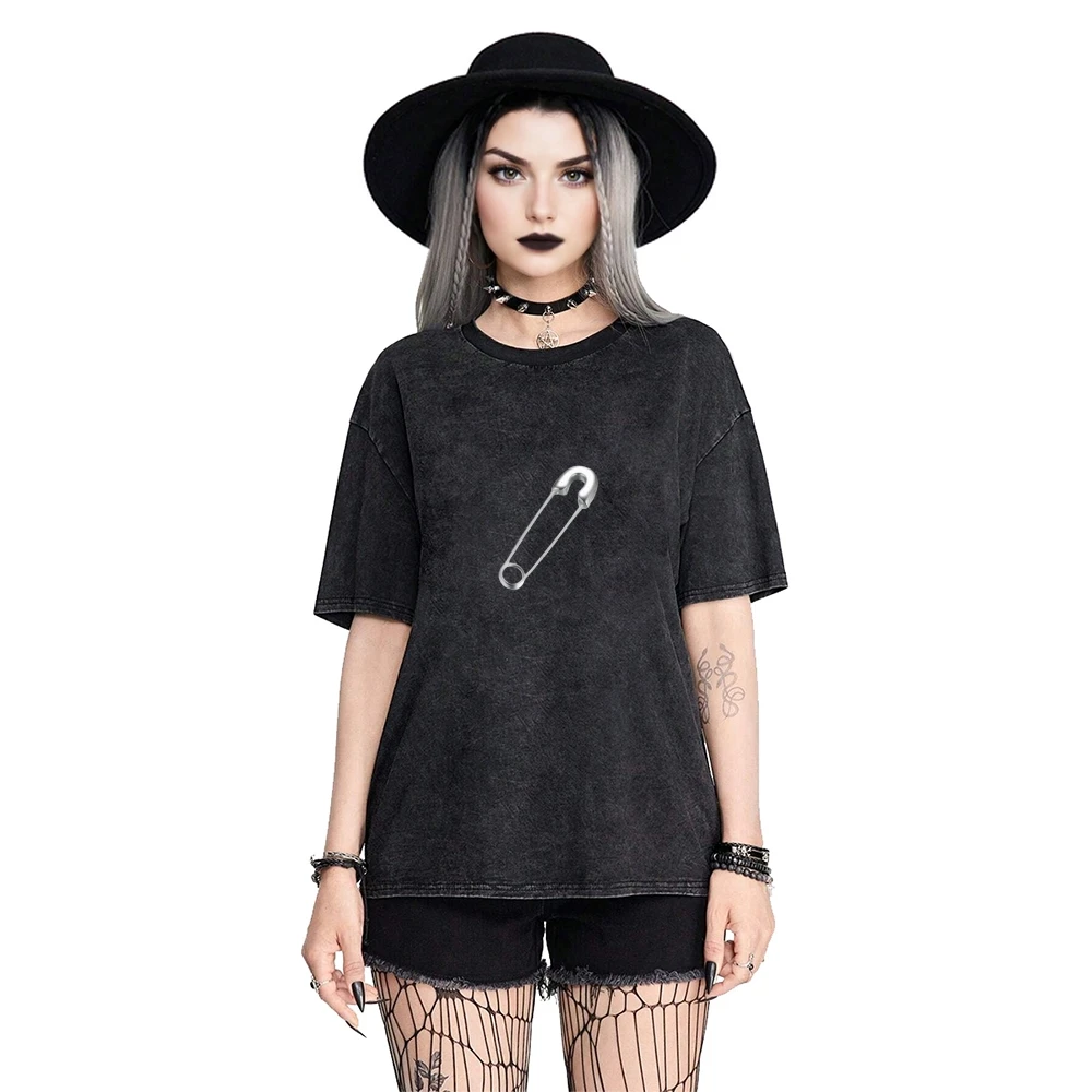 

Women's Trendy Cotton TeeSafety Pin Graphic Black Washed Style Edgy US Fashion Comfy Stylish StyleTrendy Essential