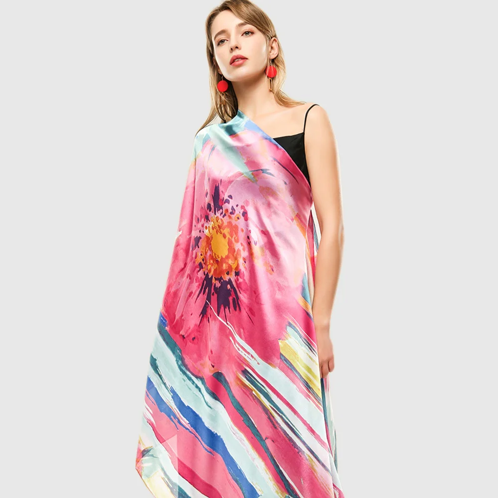 Colorful Silk Large Shawl Women Bright Smooth Beach Sarong Wrap Cover Female Protected Flower Neck Scarf 180*90 cm