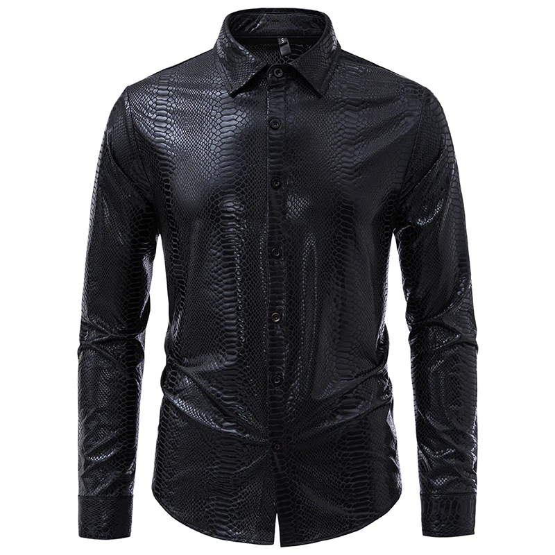 Mens Long Sleeve Shirts Snake Pattern Single Breasted Turndown Collar Men Dress Shirts Casual Male Chemise Hemd Homme Shirt S21