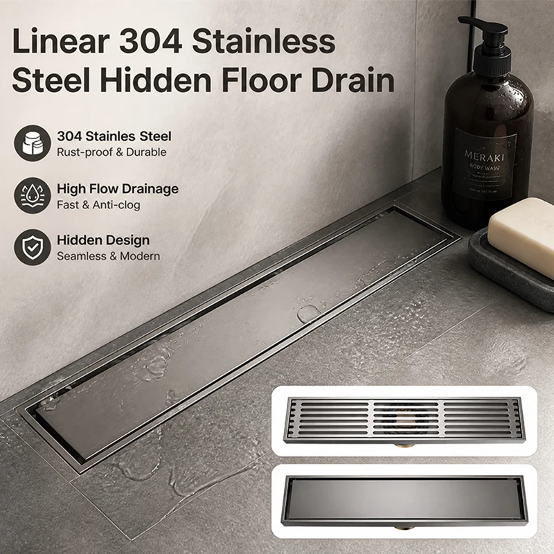 

304 Stainless Steel Long Tile Insert Linear Floor Drain, Bathroom Shower Hidden Anti-Odor Gun Grey Anti-Clogging Fast Drain