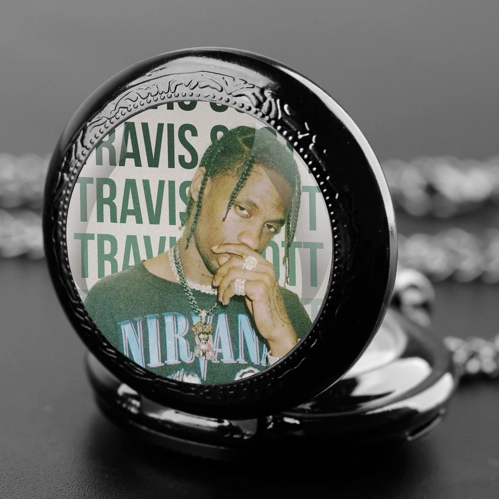 Rapper Travis Scott Cool Design Glass Dome Fashion Arabic Numerals Quartz Pocket Watch Necklace Pendant Chain Mens Women Gifts