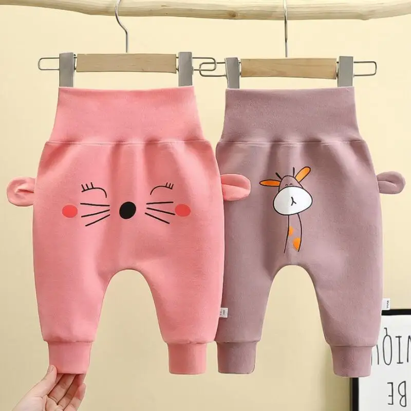 Baby Cartoon Print Trousers Infant Autumn Thickened Cotton Pants Winter Newborn Boys Girls' Big Hip Circumference Pants Clothing