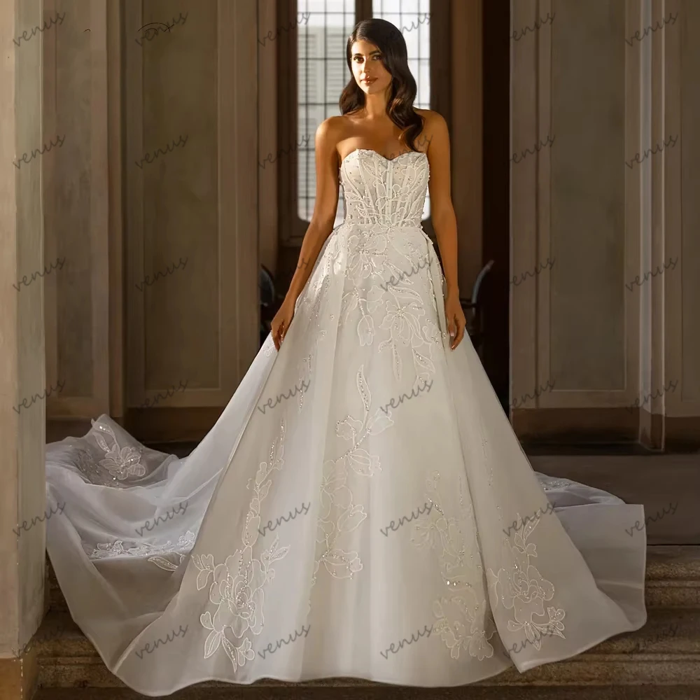 

Современные свадебные платья трапециевидной формы, великолепные свадебные платья, кружевные аппликации, халаты без бретелек с открытой спиной, Vestidos De Novia, индивидуальный заказ 2026