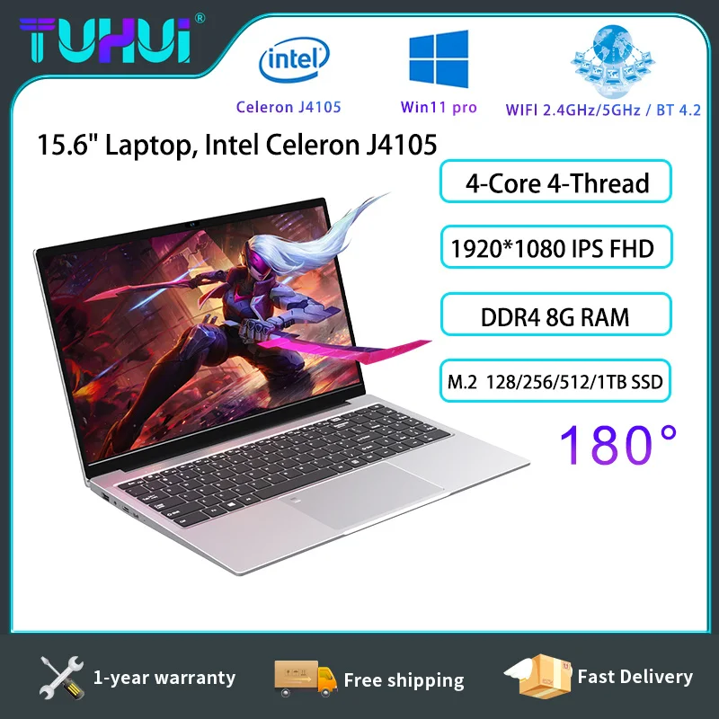 Laptop de 15,6'', Intel Celeron J4105 Quad-Core 4-Threads, Tela HD, 8GB de RAM, Windows 11, Notebook Leve para Escritório