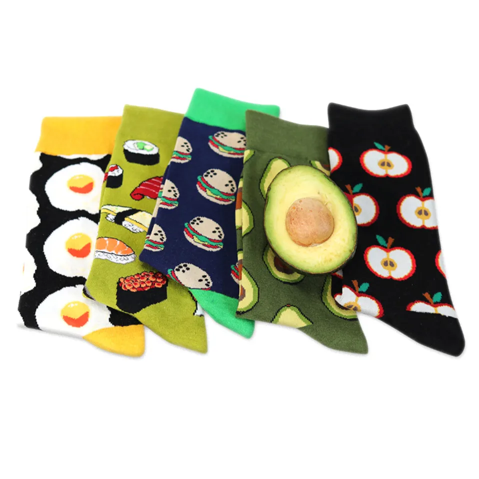 Fashion Art Harajuku Men‘s Socks Fruit Printed Happy Socks Avocado Apple Cherry Crew Men Funny Meias Cotton Soft Cozy Dropshippi