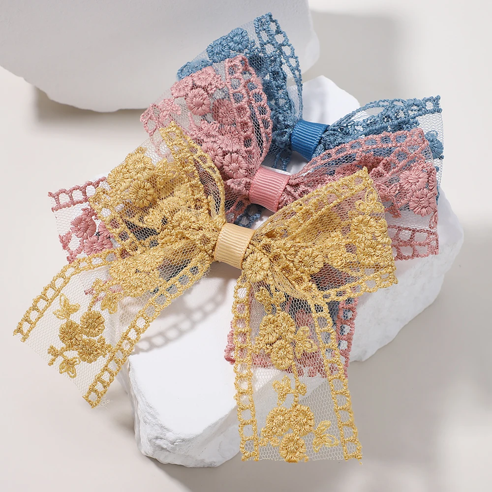 2pcs/Set Elegant Lace Embroidery Bow HairClip Solid Hair Pin Retro Headband with Clips Girls Kid Princess Hair Accessories Gift