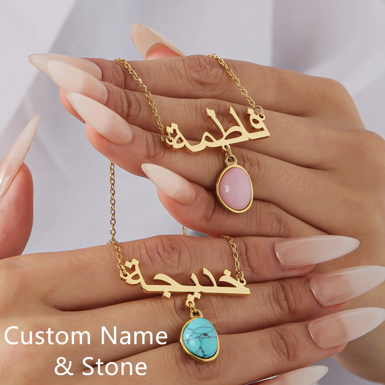 

Custom Arabic Name Necklace With Stone Personalized Gold Plated Jewelry Arabic Calligraphy Christmas Birthday Wedding Couple