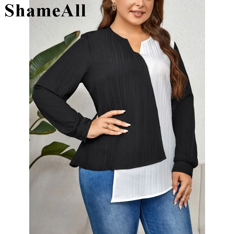 Women's Plus Size Long Sleeve Color Block  Top Shirts  V Neck Striped Blouses  Irregular Tee