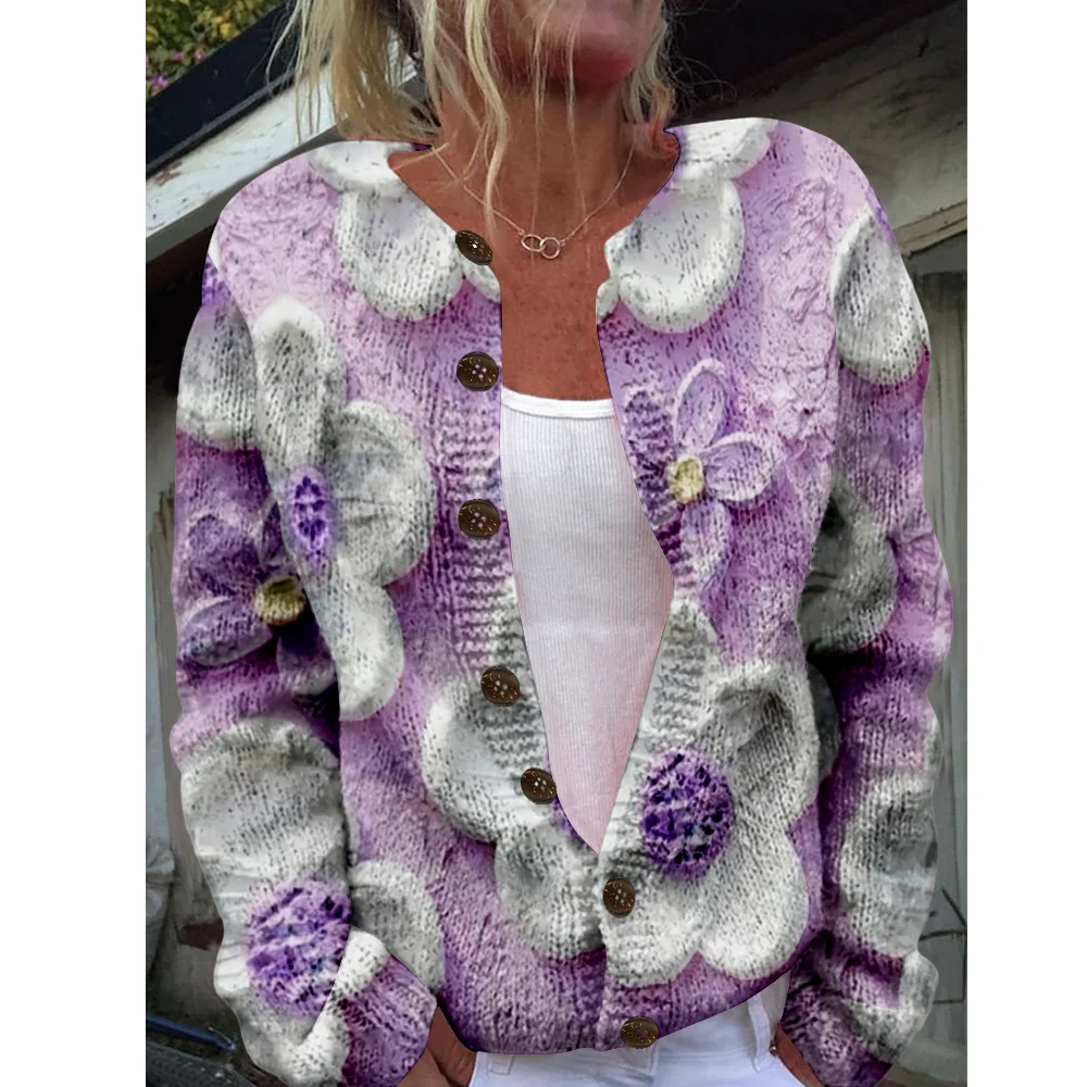

Осень-зима вязаный кардиган с цветочным принтом винтажная мода повседневный свитер уличная одежда женские свитера вязаный топ уютные джемперы модные