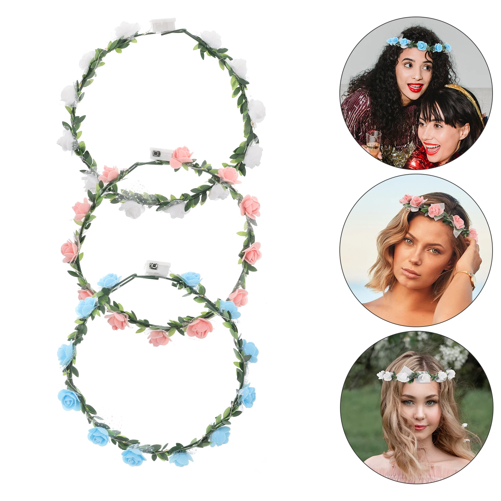 

3pcs Glow Flower Crown Artificial Leaves Design Comfortable Luminous Ideal Parties Celebrations Performances Includes Three