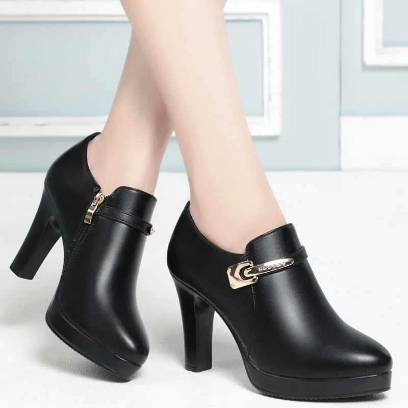 Comfort Deep Mouth Solid Single Shoes 2024 Spring Autumn New Thick Heel Fashion All-match Pointed Side Zipper Leather Shoes