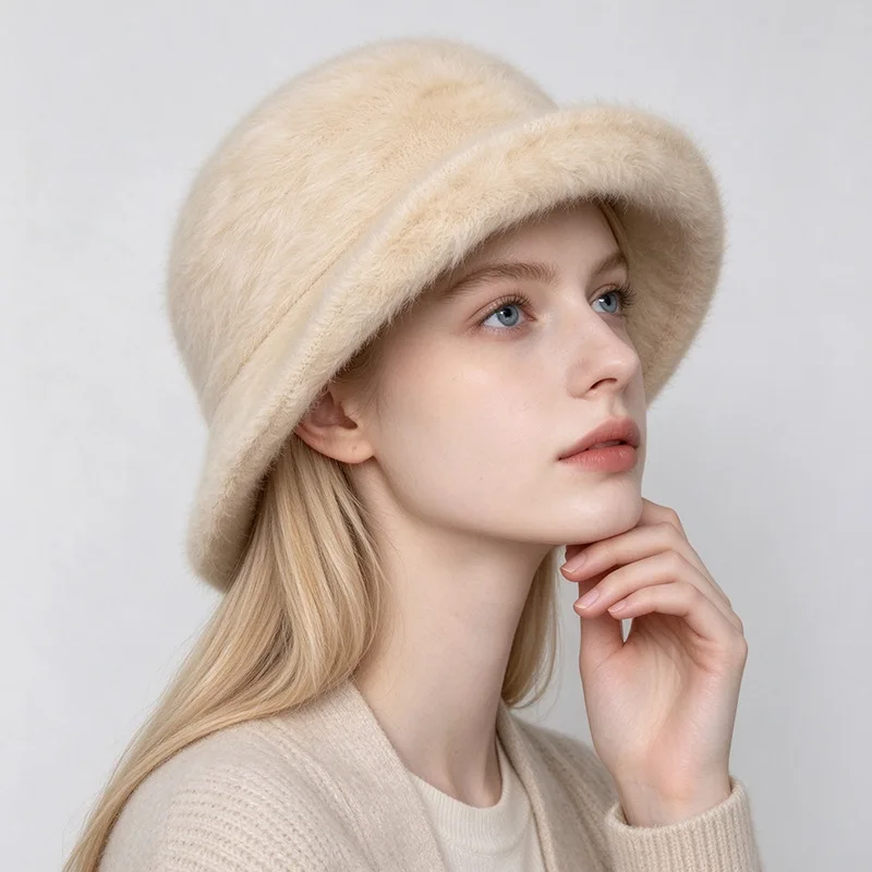 Bucket Hat Fluffy Winter Women Angora Wool Knit Warm Wide Brim Warm Cap Accessory For Autumn Climb Outdoor Climb Camp