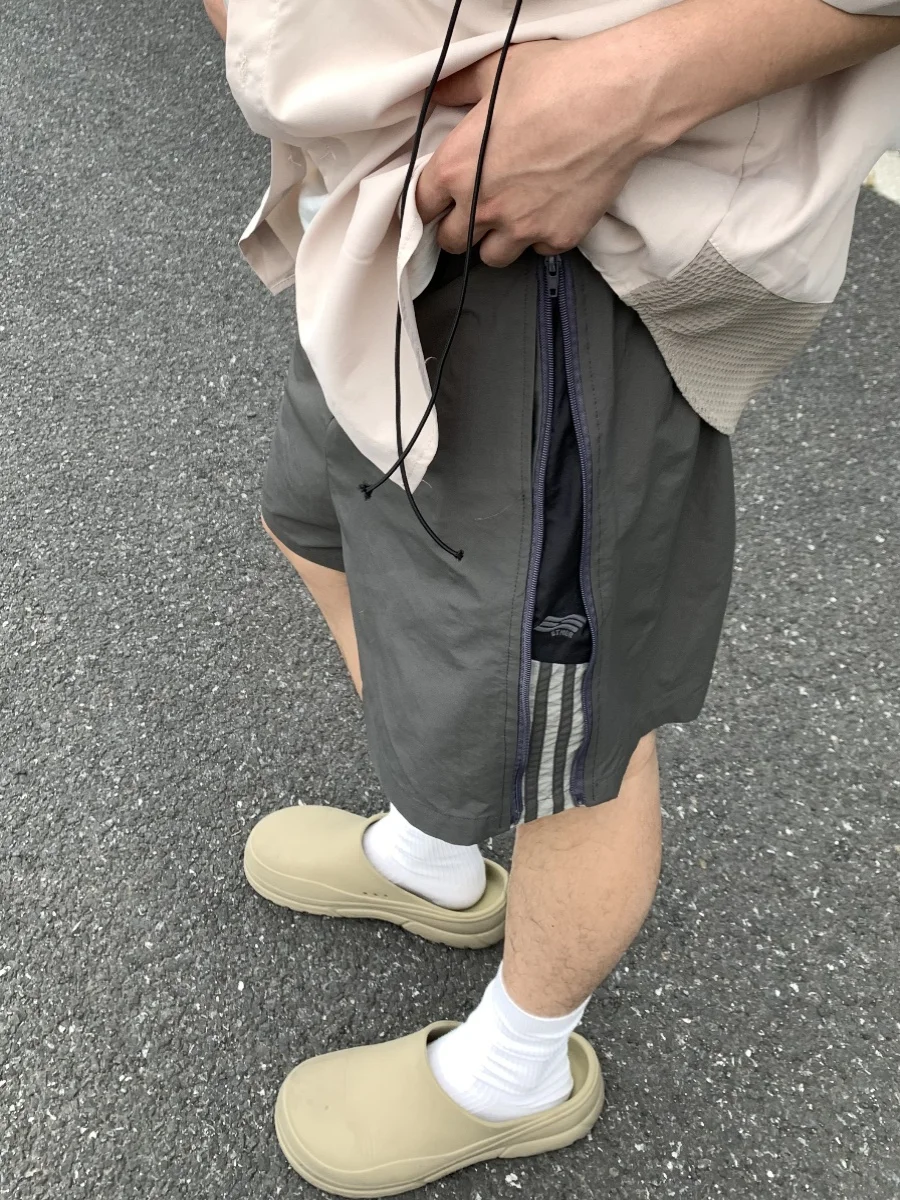 

American Summer New Trendy Brand Small Design Zipper Stripe Qui Dry Elastic Waist Five-Quarter Pants orts Loose