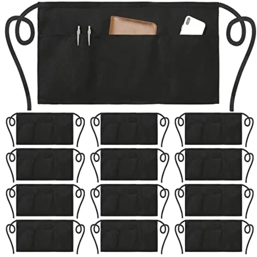 

12 Pack Waitress Aprons with 3 Pockets - Waist Aprons for Women Men Commercial Waiter Half Apron with Extra Long Straps Reinfor