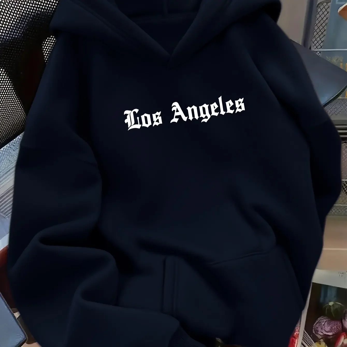 Classic Black Gothic LA Letter Front Printed Hooded Sweatshirt Basic Solid Color Oversized Casual Hoodie Men Women