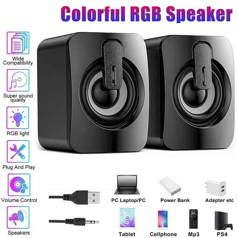Mini Computer Speakers HiFi Stereo Microphone Audio PC Sound Box With 3.5mm Audio Cable LED Light For Desktop Computer PC Laptop