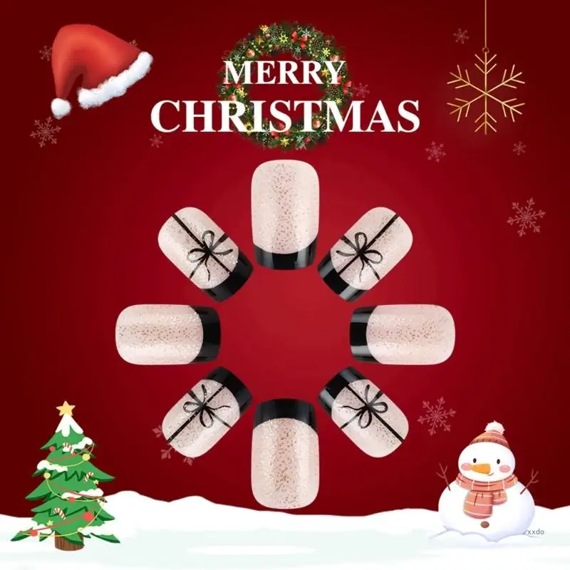 Ribbon Press On Nail Short Square Artificial Nail Glittering Full Cover Stick on Nail Christmas False Nail for Woman