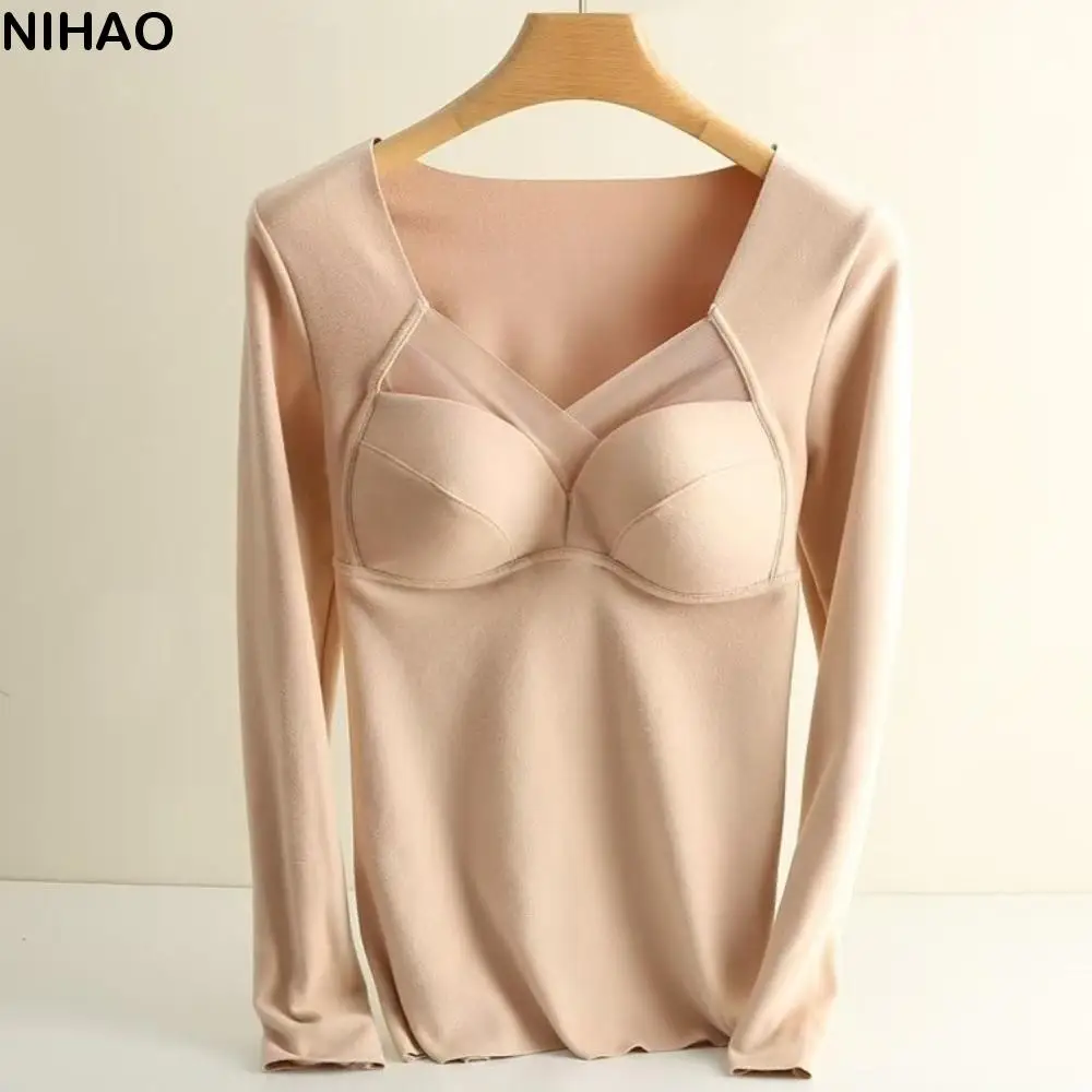 

V Mesh Neck Women Thermal Clothes Invisible Solid Color Thermal Underwear Feel Heating Velvet Fleece Warmth Long Tops