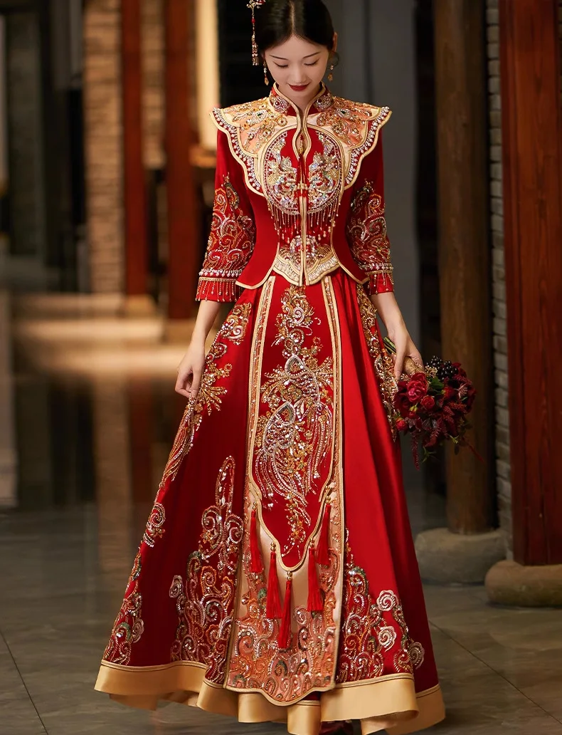 Yourqipao Xiuhe Clothing Heavy Beaded 2023 New Luxury Chinese Bridal Dress Ancient Wedding Dresses Dragon and Phoenix Robe Gown