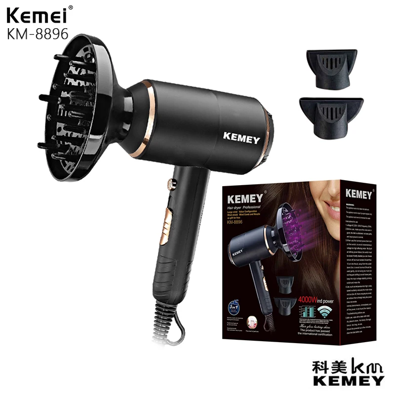 KEMEY KM-8896 gancio di coda per termostato automatico regolabile a tre marce 1300w nero freddo caldo grande potenza asciugacapelli professionale per salone