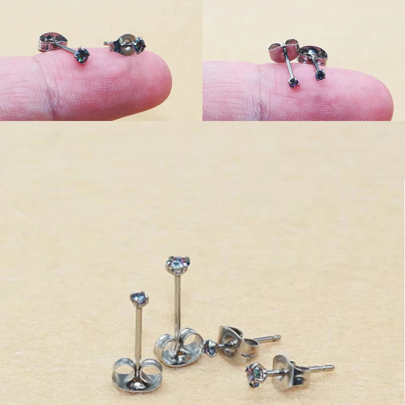 1Pair Seamless Mini Zircon Stud Earrings Stainless Steel 2mm Hypoallergenic Minimalist Jewelry for Women with Thin 0.8mm Post An
