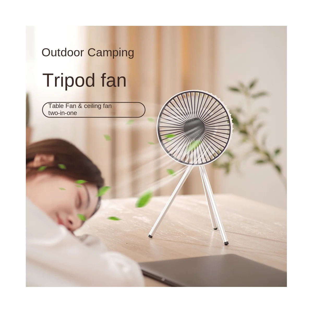 Portable Camping Fan Rechargeable Multi Mini Fan USB Outdoor Camping Ceiling Fan Light Tripod Stand Desktop Fan Gray