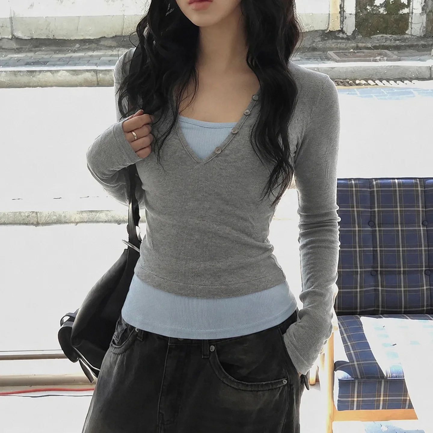 Women's Solid Color Knit T-Shirt Featuring V-Neck Button Placket Medium Stretch Fabric for Casual Daily Wear Comfort