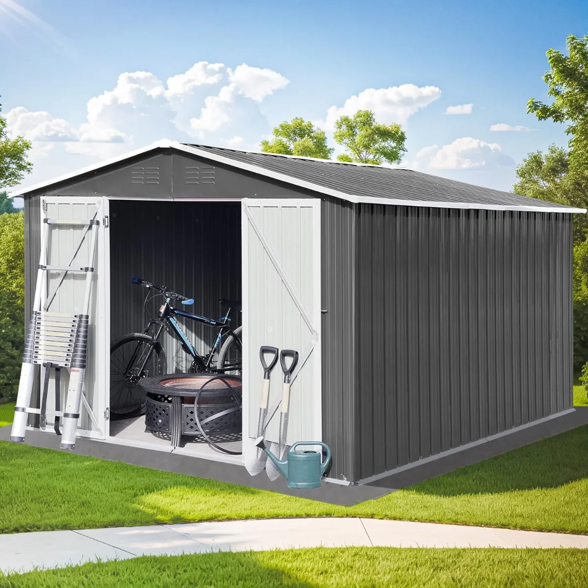 

Outdoor Sheds 10FT x 8FT & Outdoor Storage Clearance, Metal Anti-Corrosion Utility Tool House with Lockable Door & Shutter Vents