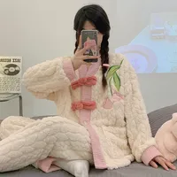 Women's Winter Long Plush Sleepwear Set Loose Fit Home Clothes Cardigan Style Outerwear Suitable for plus Size up to 230 Pounds