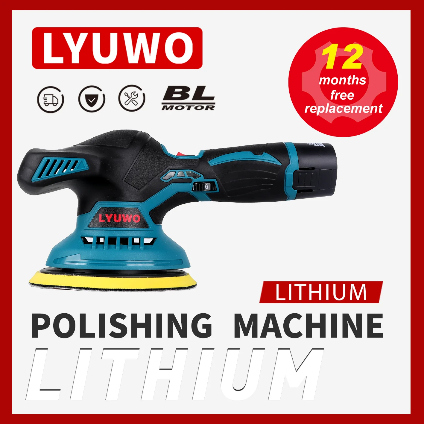 LYUWO12V Lithium Battery 6000RPM Cordless Mini Waxing Machine 6Gears Automotive Polishing Machine Speed Adjustment Electric Tool