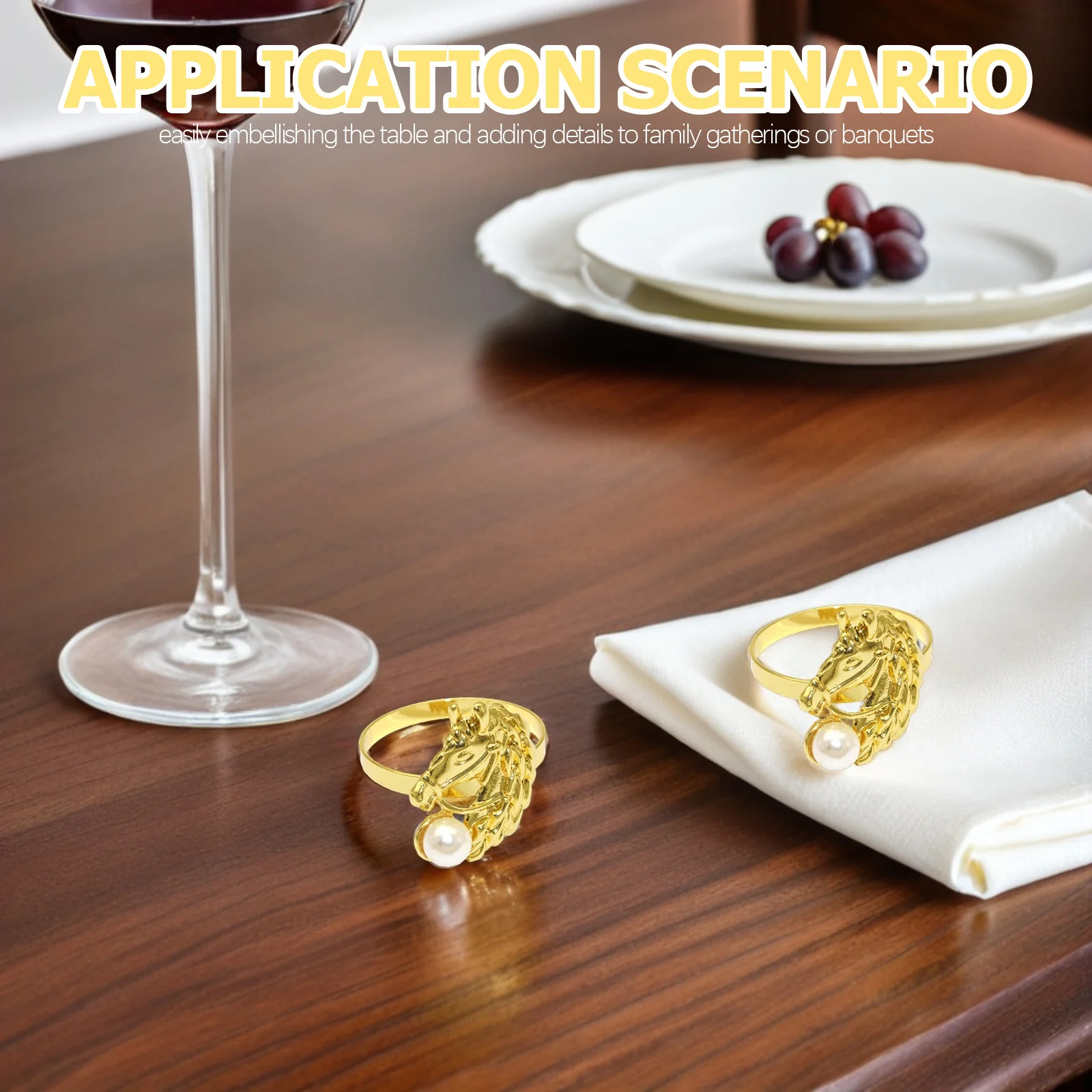 

4Pcs Elegant Horse Napkin Rings Gold Tone Metal with Simulated Pearls Zodiac Animal Table Decor for Holiday Celebrations and