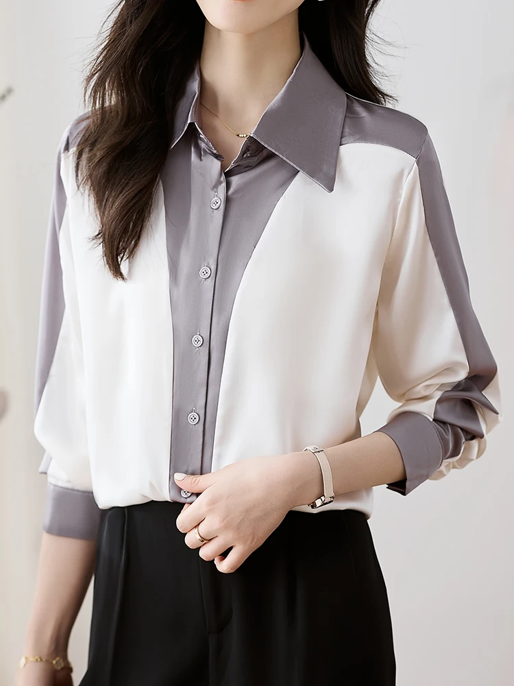 

Color Contrast Satin Shirts Women OL Spring Fall Imitation Silk Chiffon Shirts Long Sleeve Loose Casual Blouse Turn-Down Tops