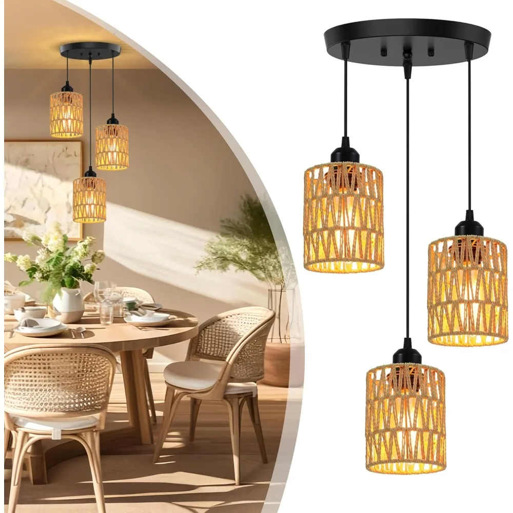 

JOYINLED Rattan Pendant Light Rustic Hanging Light Brown Wicker Chandelier Handwoven Lamp Shade for Restaurant Living Room