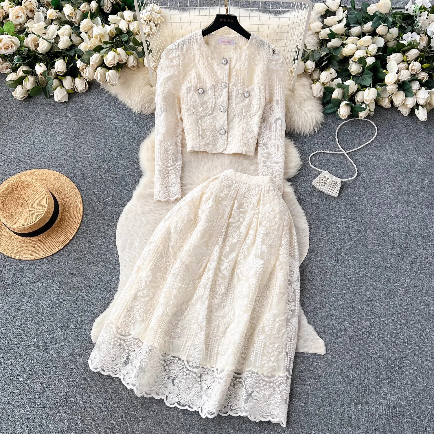 Autumn Small Fragrant Embroidery Two Piece Set Women Lace Hook Flower Pearl Button Pocket Long Sleeve Shirt Tops Midi Skirt Suit