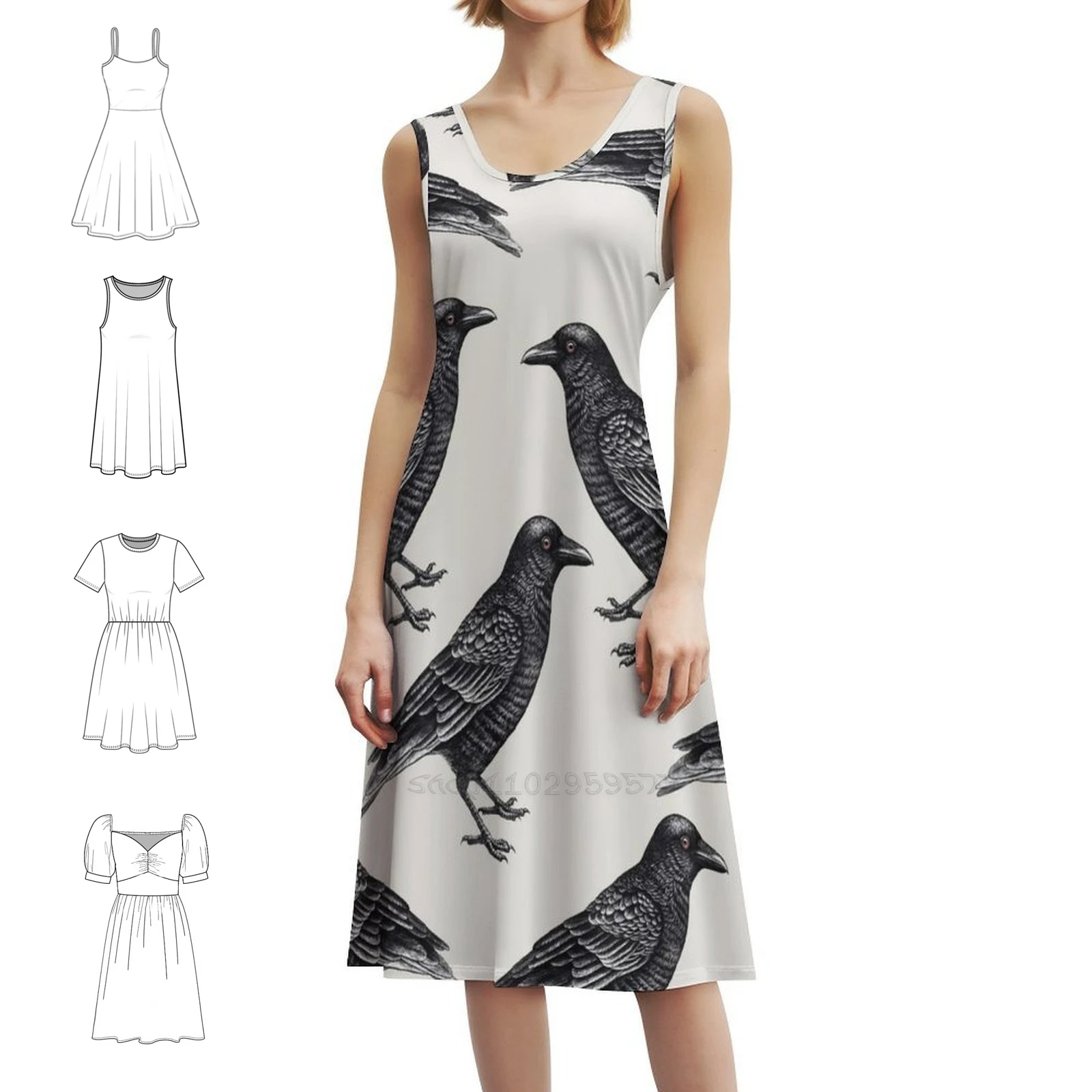 

Black Raven Pattern Boho Chic Dress Elegant Fashion Beach Wedding Party Gown Raven Bird Animal Birds Patterns Ravens Dress