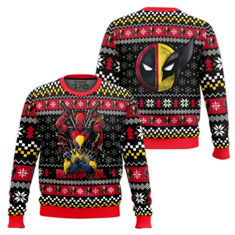 

Marvel superhero Deadpool Wolverine Christmas Ugly Sweater Battle Fusion Image Snowflake Christmas Tree Elements Fashion Trend