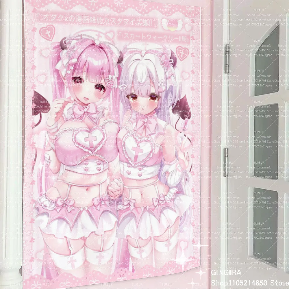 Pink double-sided girl illustration tapestry wall hanging for indoor decoration. A series of tapestry wall hangings for creating