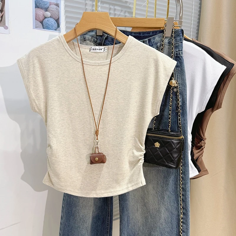 Zjaiss 2026 Sommer Mode Flatterärmel Damen T-Shirt Tailliertes Schlankmachendes Elegantes Oberteil Einfaches Gerafftes Taillen-Top