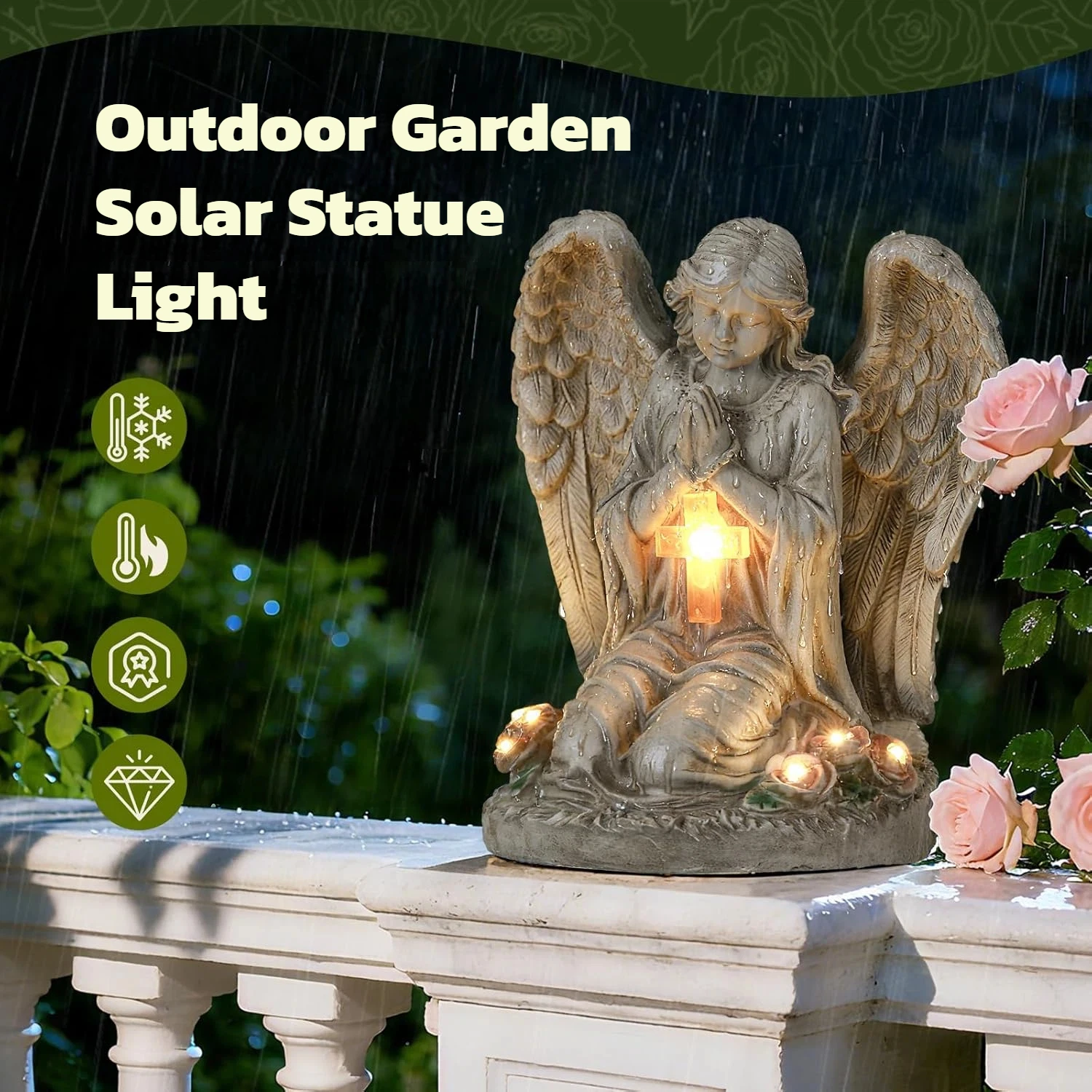 Outdoor Garden Solar Statue Light, Solar Angel Garden Statue Cemetery Decorations, Garden Resin Prayer Angel with Cross Statue Light, for Lawn Yard Patio Pathway Home Decor 5