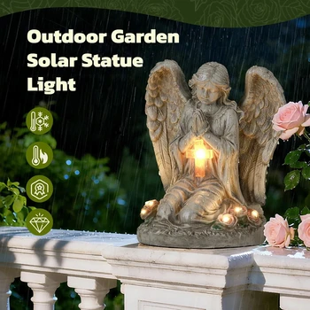Outdoor Garden Solar Statue Light, Solar Angel Garden Statue Cemetery Decorations, Garden Resin Prayer Angel with Cross Statue Light, for Lawn Yard Patio Pathway Home Decor 5