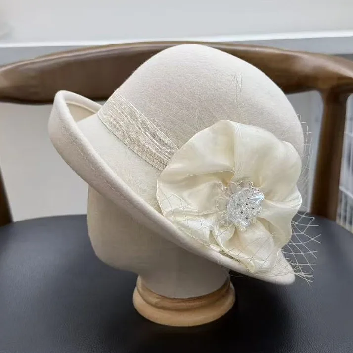 fashionable-british-style-women's-woolen-hat-autumn-winter-fisherman-cap-adjustable-wide-brim-round-top-vintage-gift-hat