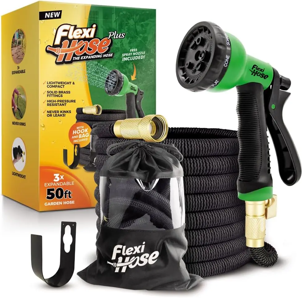 

Expandable Garden Hose with 8-Pattern Nozzle, Lightweight & Kink-Free, Brass Fittings, 50 ft Black