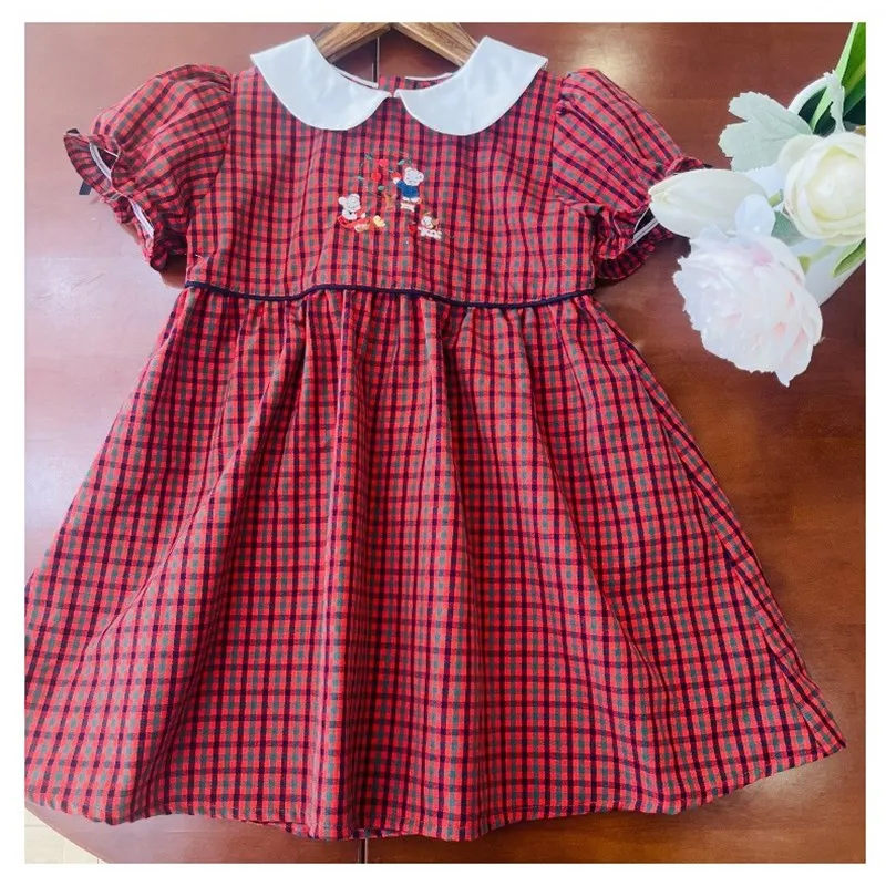 

baby girl clothes summer kids dress Cartoon pattern embroidery Red checkered pattern short sleeved dress
