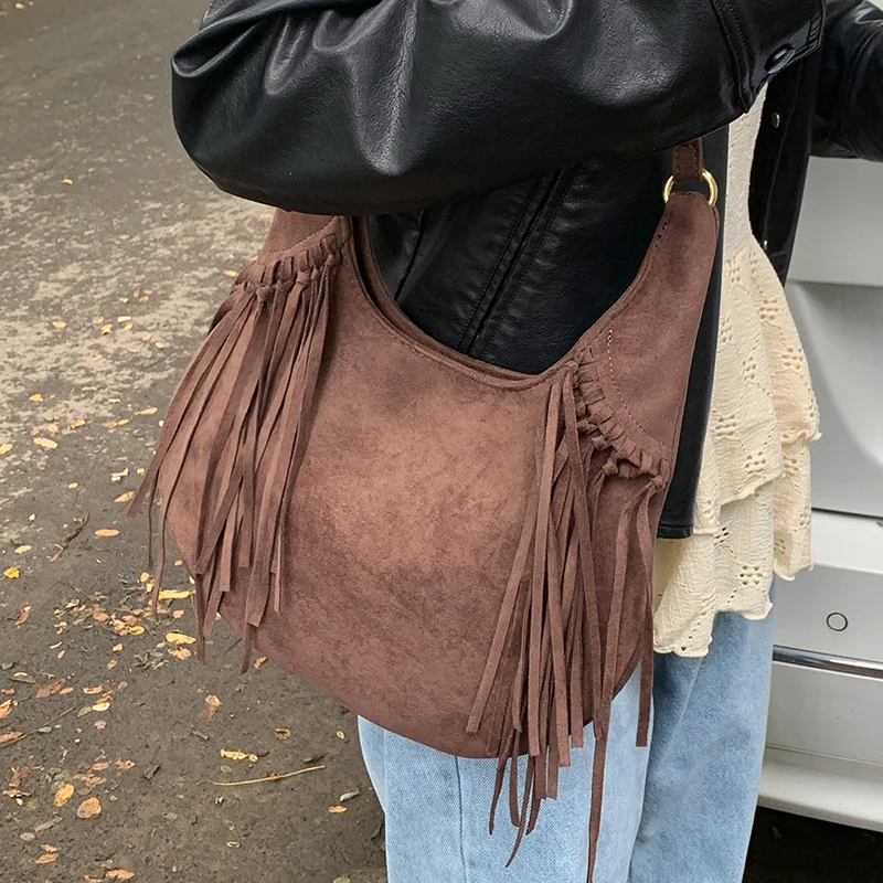 

Retro Tassel Crossbody Bags Women's 2025 New Trendy Suede Single Shoulder Bag Fashionable Versatile Female Underarm Bags