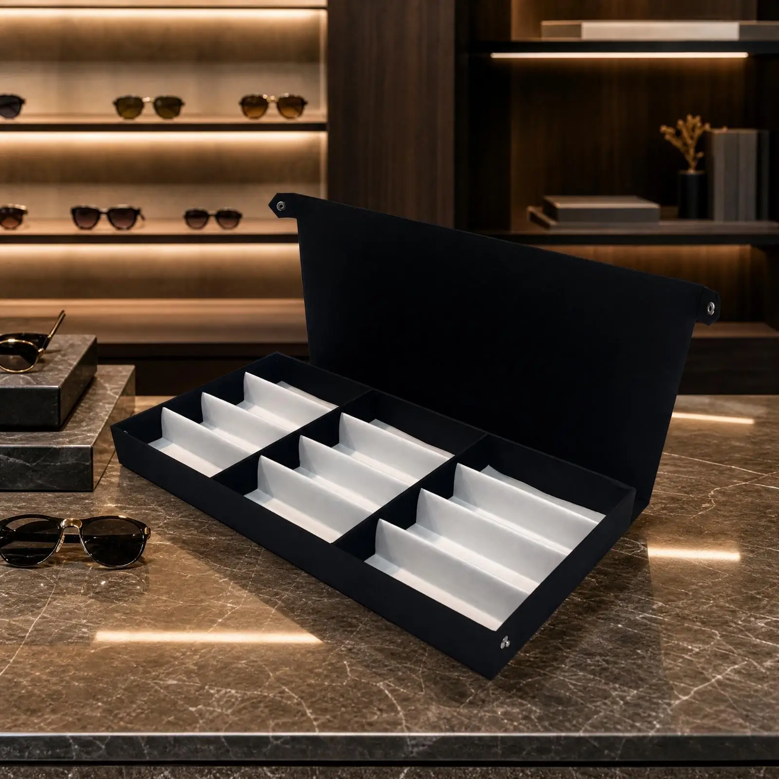 Black Eyewear Display Case for Sunglasses Holder with White Dividers for Shop Counter Showcase Organizer