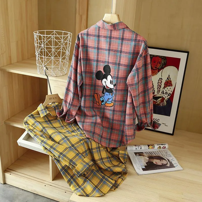 Disney tureMouse-Chemise à Carreaux pour Femme, Chemisier à Manches sulf, Version Coréenne, Tendance Simple, Chemise Polyvalente, Printemps et Automne, Nouveau